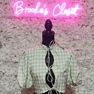 Nasty Gal Green Checkered Blouse with Tie Front